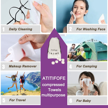 Atitifope Compressed Towels Facial Cleansing Cloths Travel Camping Washcloths (7.9in*7.9in,100pieces)